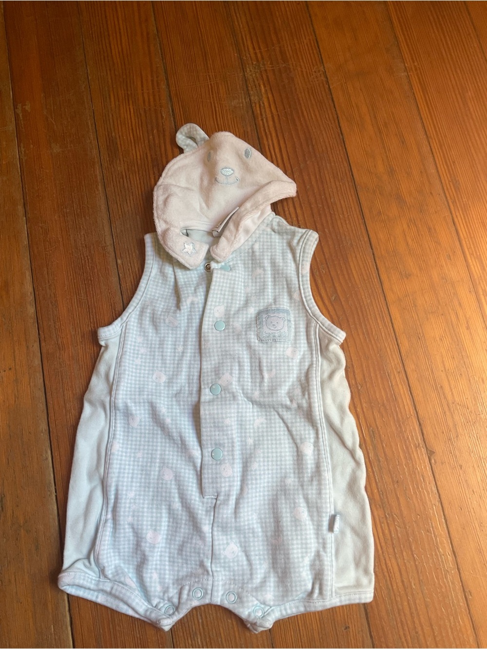 Vintage Lullaby Club Blue Gingham Hooded Baby Pajama Romper Bear Hood 3Months